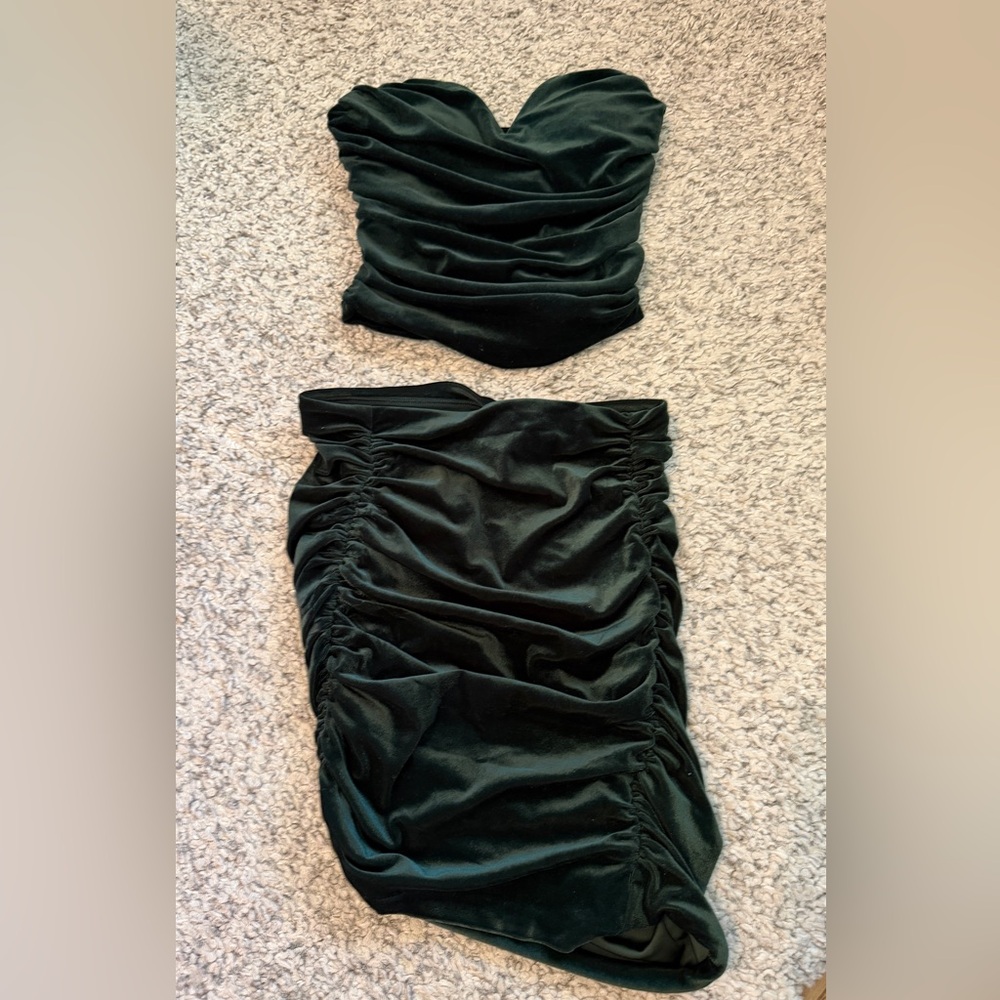Emerald velvet skirt and top set